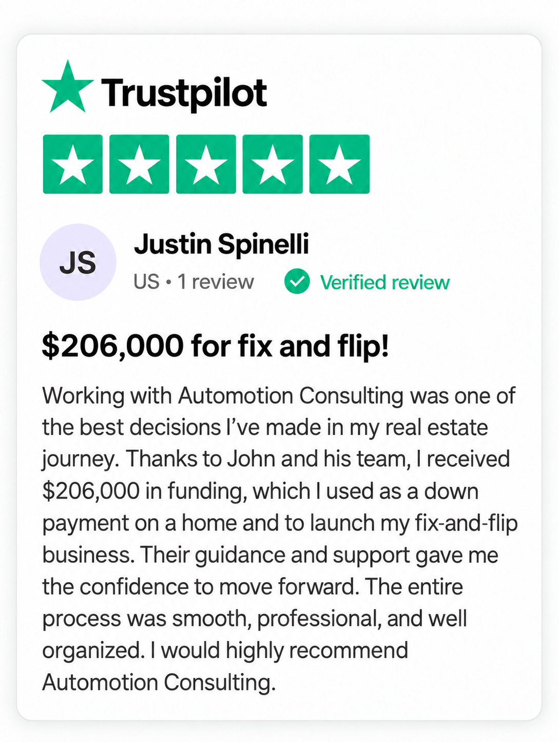 Trustpilot review from Justin Spinelli
