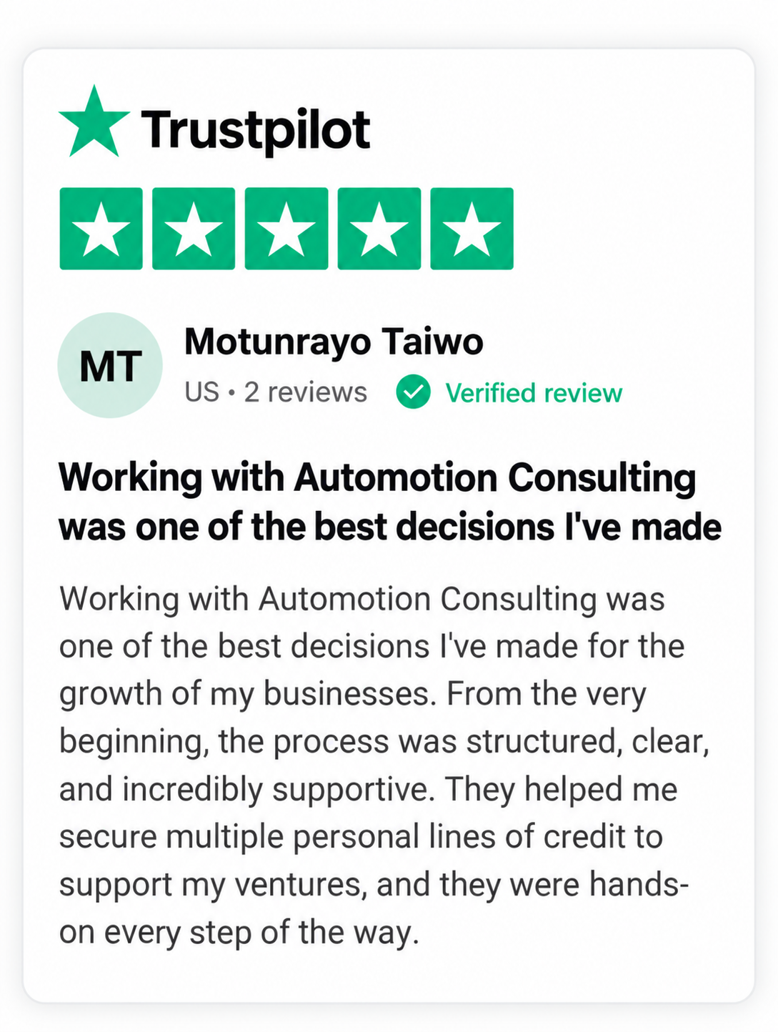 Trustpilot review from Motunrayo Taiwo
