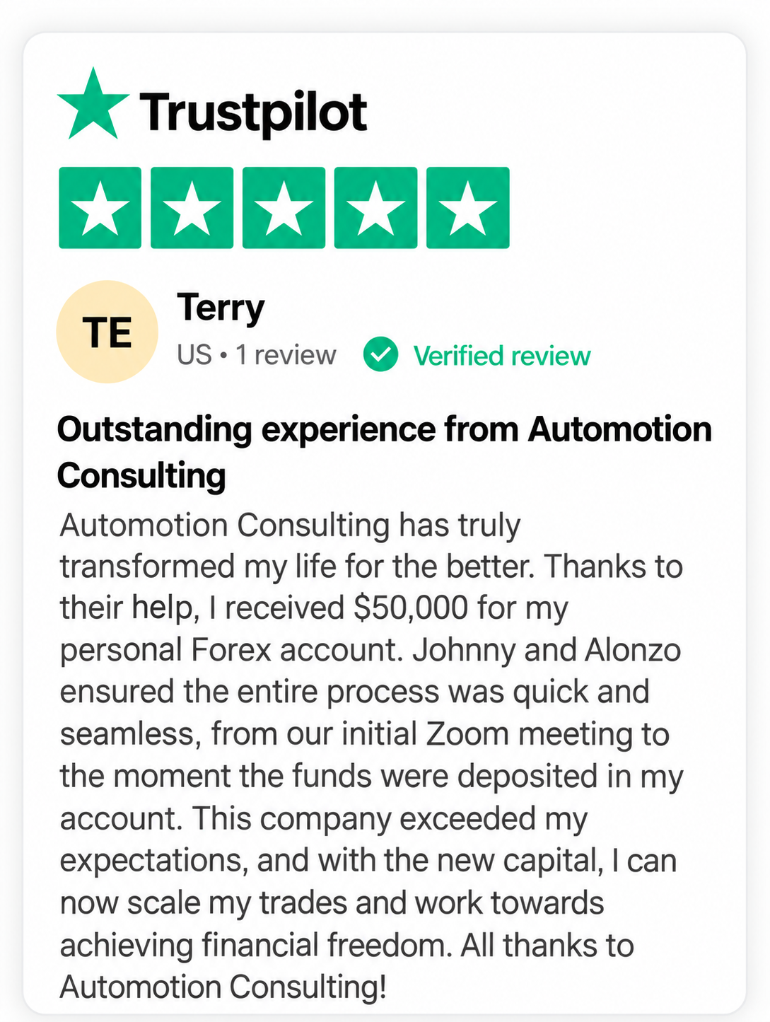 Trustpilot review from Terry